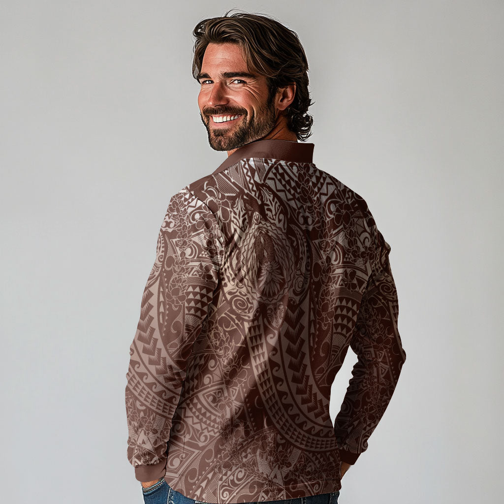 Hawaiian Turtles and Leis Long Sleeve Polo Shirt Tribal Kakau Pattern Mocha Mousse Color LT03 - Polynesian Pride