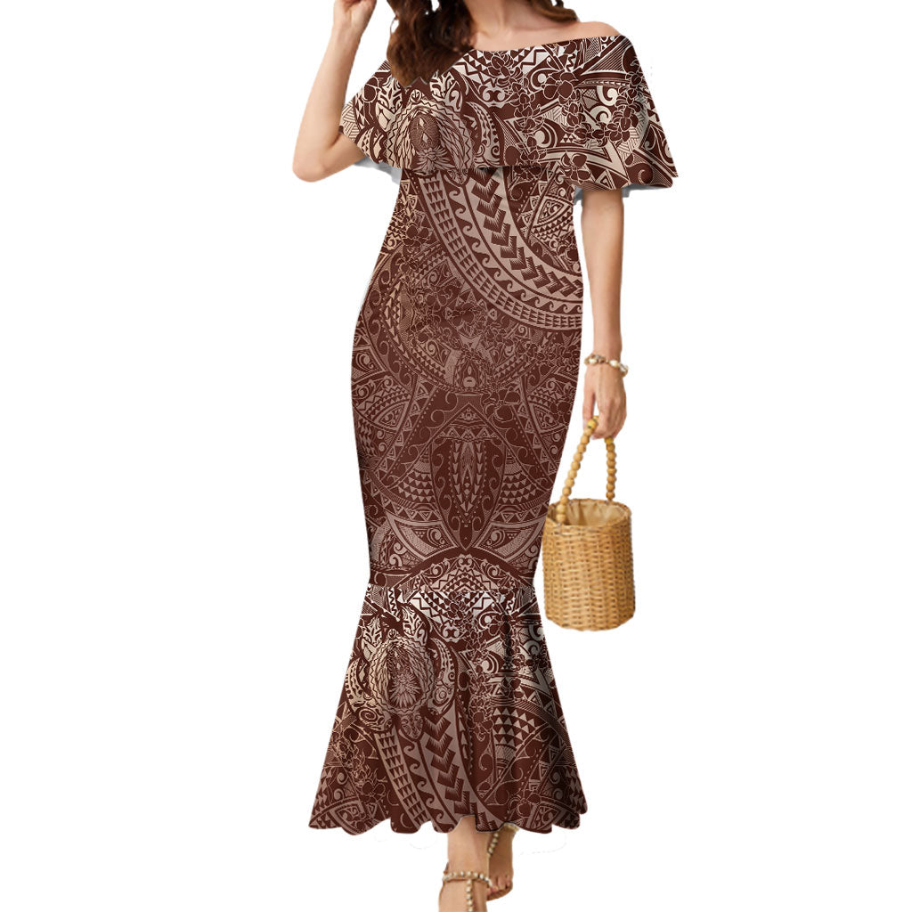 Hawaiian Turtles and Leis Mermaid Dress Tribal Kakau Pattern Mocha Mousse Color LT03 Women Mocha Mousse - Polynesian Pride