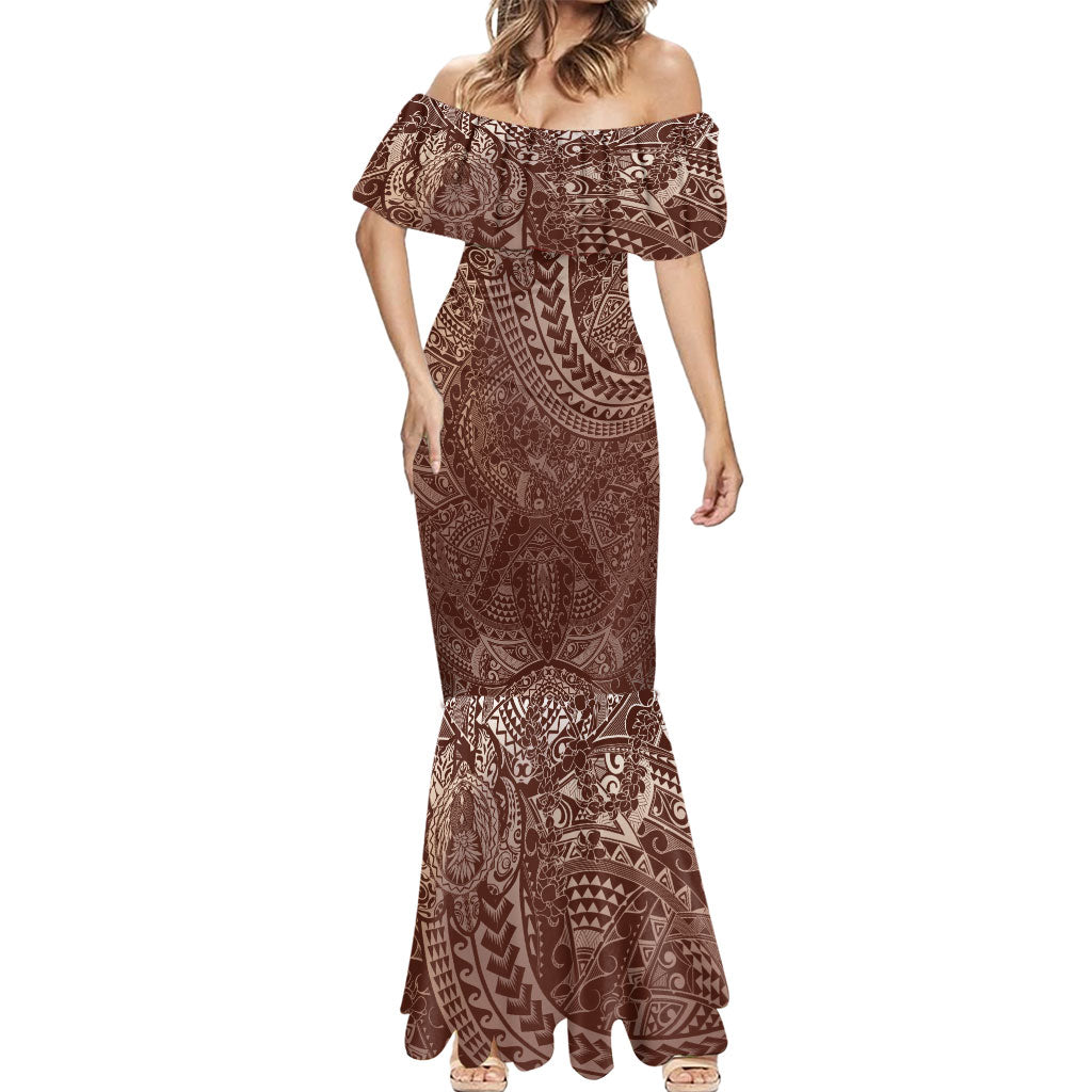 Hawaiian Turtles and Leis Mermaid Dress Tribal Kakau Pattern Mocha Mousse Color LT03 - Polynesian Pride
