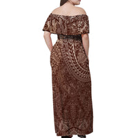 Hawaiian Turtles and Leis Off Shoulder Maxi Dress Tribal Kakau Pattern Mocha Mousse Color LT03 - Polynesian Pride