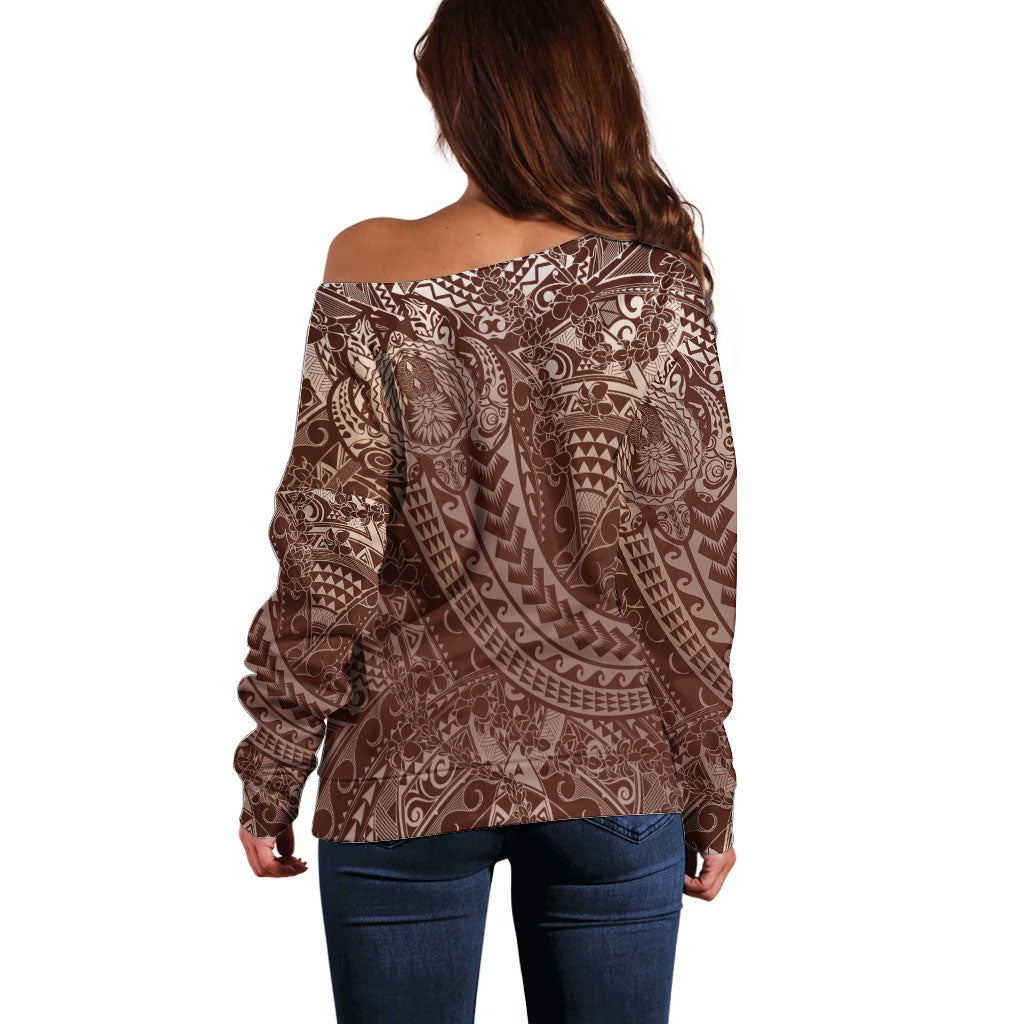 Hawaiian Turtles and Leis Off Shoulder Sweater Tribal Kakau Pattern Mocha Mousse Color LT03 - Polynesian Pride