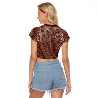 Hawaiian Turtles and Leis Raglan Cropped T Shirt Tribal Kakau Pattern Mocha Mousse Color LT03 - Polynesian Pride