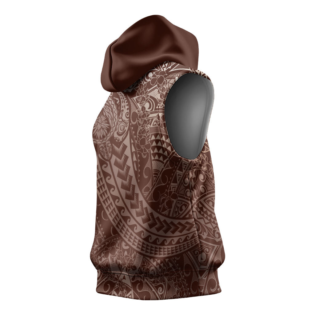 Hawaiian Turtles and Leis Sleeveless Hoodie Tribal Kakau Pattern Mocha Mousse Color LT03 - Polynesian Pride