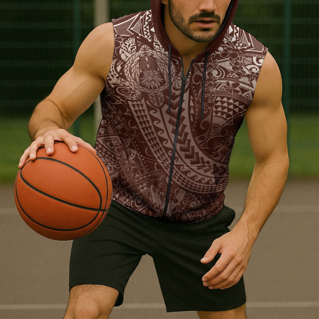 Hawaiian Turtles and Leis Sleeveless Zip Hoodie Tribal Kakau Pattern Mocha Mousse Color LT03 - Polynesian Pride