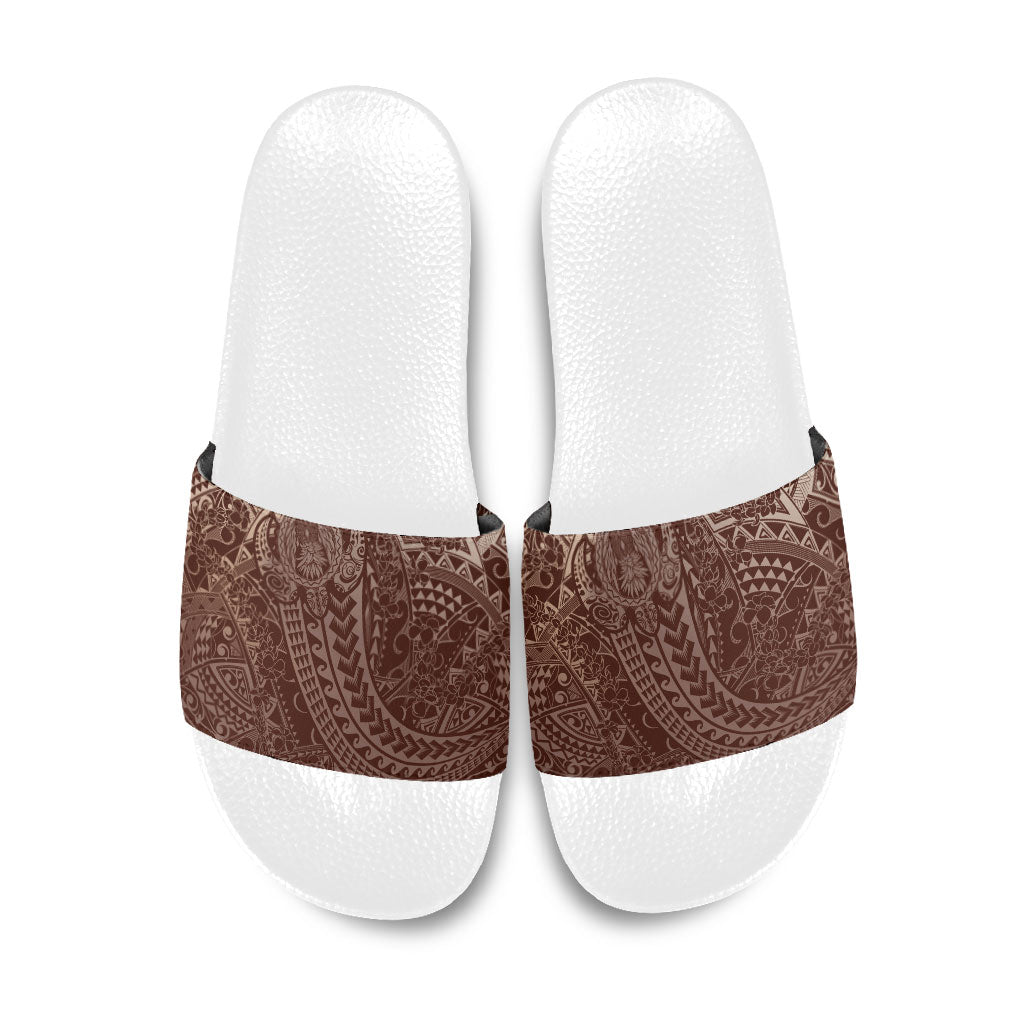 Hawaiian Turtles and Leis Slide Sandals Tribal Kakau Pattern Mocha Mousse Color LT03 Mocha Mousse - Polynesian Pride