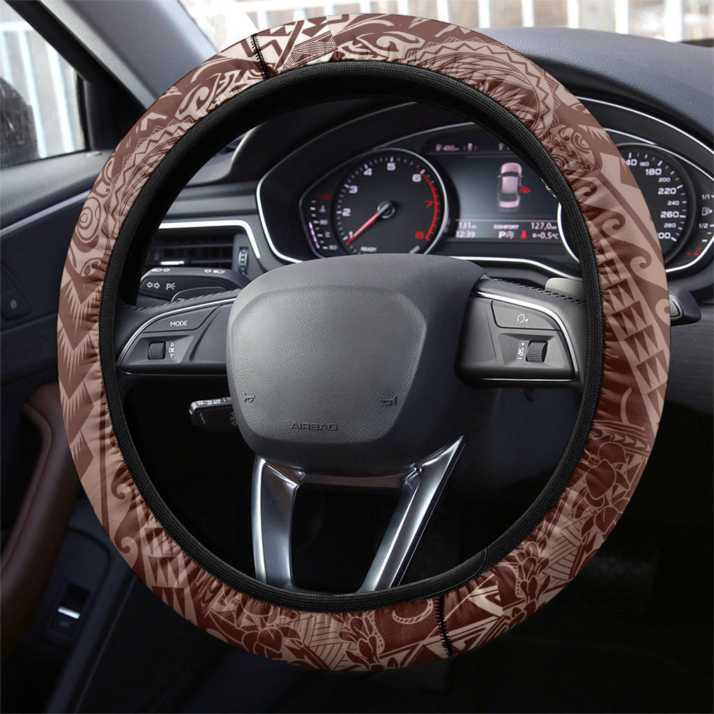 Hawaiian Turtles and Leis Steering Wheel Cover Tribal Kakau Pattern Mocha Mousse Color LT03 - Polynesian Pride