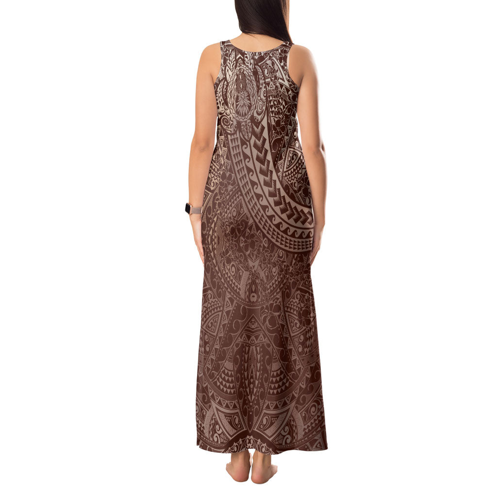 Hawaiian Turtles and Leis Tank Maxi Dress Tribal Kakau Pattern Mocha Mousse Color LT03 - Polynesian Pride