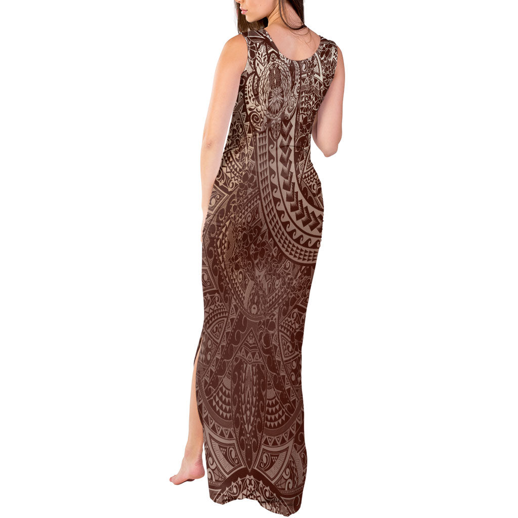Hawaiian Turtles and Leis Tank Maxi Dress Tribal Kakau Pattern Mocha Mousse Color LT03 - Polynesian Pride