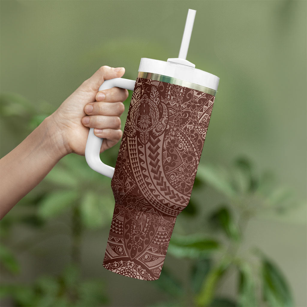 Hawaiian Turtles and Leis Tumbler With Handle Tribal Kakau Pattern Mocha Mousse Color LT03 - Polynesian Pride