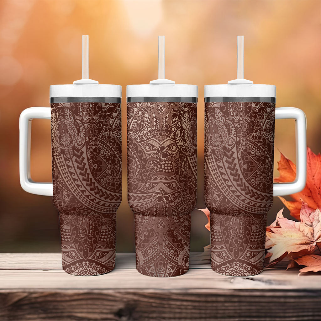Hawaiian Turtles and Leis Tumbler With Handle Tribal Kakau Pattern Mocha Mousse Color LT03 - Polynesian Pride