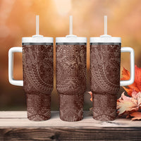 Hawaiian Turtles and Leis Tumbler With Handle Tribal Kakau Pattern Mocha Mousse Color LT03 - Polynesian Pride