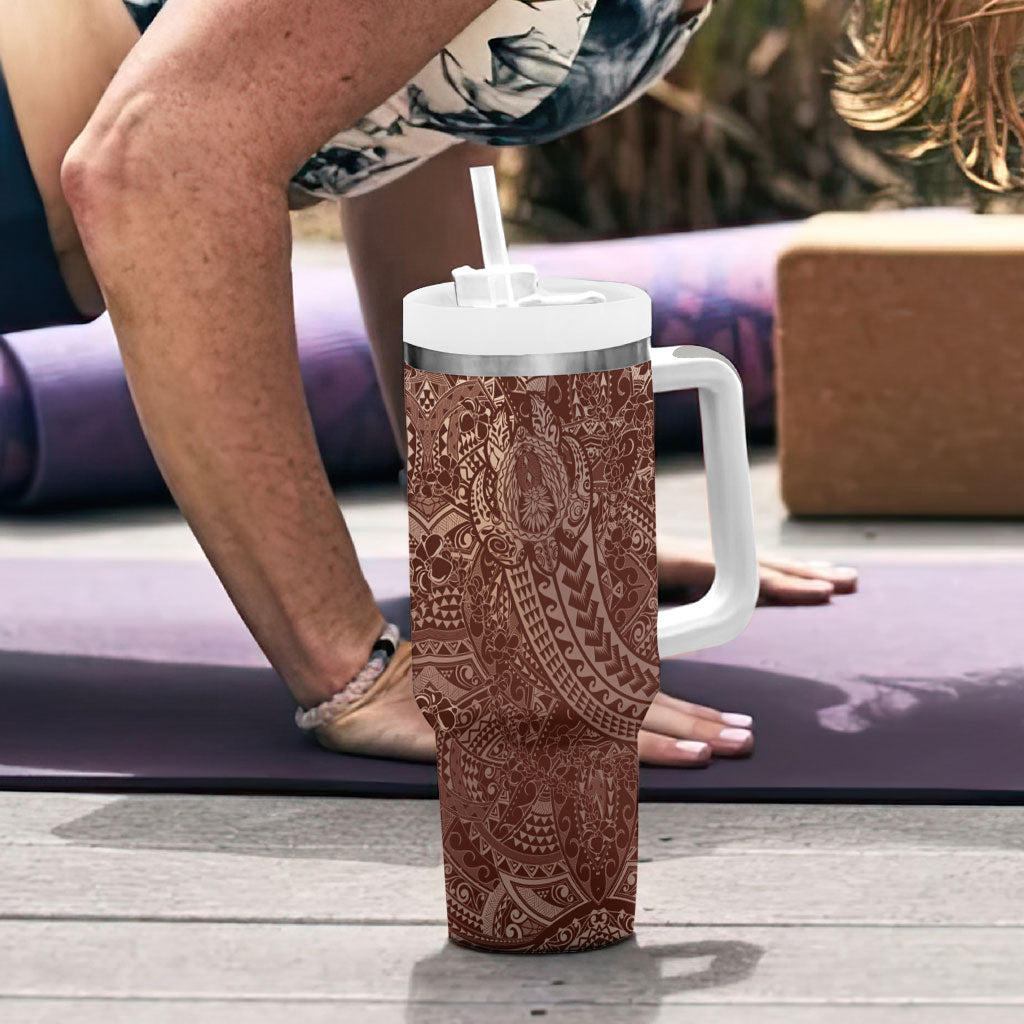 Hawaiian Turtles and Leis Tumbler With Handle Tribal Kakau Pattern Mocha Mousse Color LT03 - Polynesian Pride