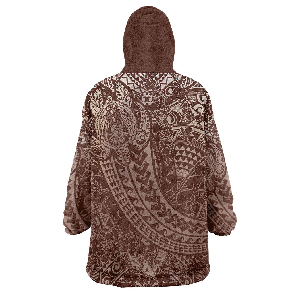 Hawaiian Turtles and Leis Wearable Blanket Hoodie Tribal Kakau Pattern Mocha Mousse Color LT03 - Polynesian Pride