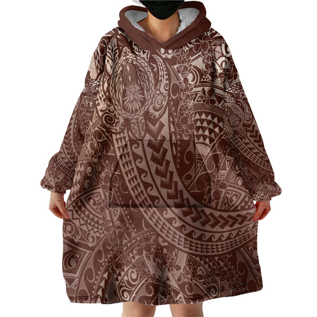 Hawaiian Turtles and Leis Wearable Blanket Hoodie Tribal Kakau Pattern Mocha Mousse Color LT03 - Polynesian Pride