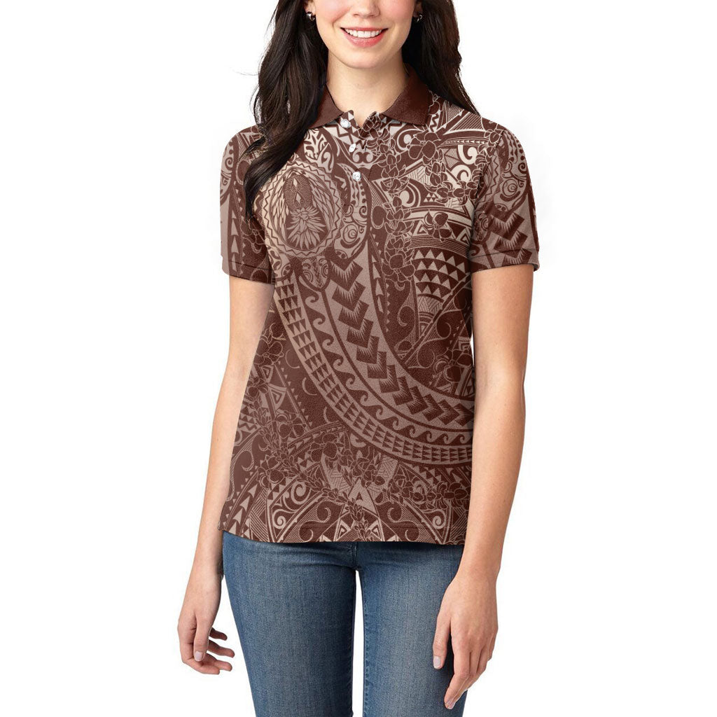 Hawaiian Turtles and Leis Women Polo Shirt Tribal Kakau Pattern Mocha Mousse Color LT03 - Polynesian Pride
