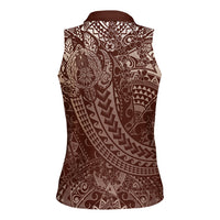 Hawaiian Turtles and Leis Women Sleeveless Polo Shirt Tribal Kakau Pattern Mocha Mousse Color LT03 - Polynesian Pride
