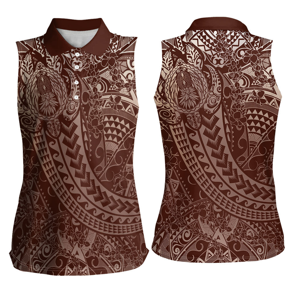 Hawaiian Turtles and Leis Women Sleeveless Polo Shirt Tribal Kakau Pattern Mocha Mousse Color LT03 - Polynesian Pride