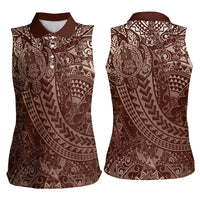 Hawaiian Turtles and Leis Women Sleeveless Polo Shirt Tribal Kakau Pattern Mocha Mousse Color LT03 - Polynesian Pride