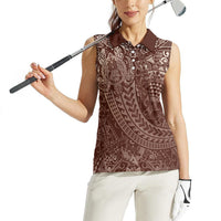 Hawaiian Turtles and Leis Women Sleeveless Polo Shirt Tribal Kakau Pattern Mocha Mousse Color LT03 - Polynesian Pride