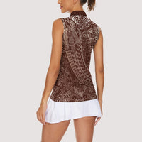 Hawaiian Turtles and Leis Women Sleeveless Polo Shirt Tribal Kakau Pattern Mocha Mousse Color LT03 - Polynesian Pride
