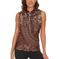 Hawaiian Turtles and Leis Women Sleeveless Polo Shirt Tribal Kakau Pattern Mocha Mousse Color LT03 - Polynesian Pride