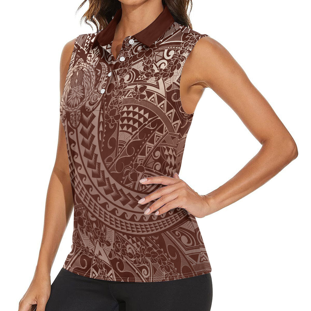 Hawaiian Turtles and Leis Women Sleeveless Polo Shirt Tribal Kakau Pattern Mocha Mousse Color LT03 - Polynesian Pride