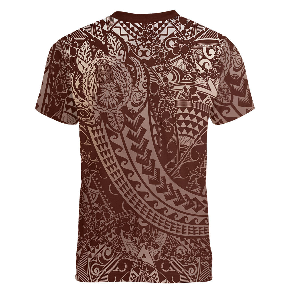 Hawaiian Turtles and Leis Women V-Neck T-Shirt Tribal Kakau Pattern Mocha Mousse Color LT03 - Polynesian Pride