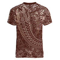Hawaiian Turtles and Leis Women V-Neck T-Shirt Tribal Kakau Pattern Mocha Mousse Color LT03 - Polynesian Pride
