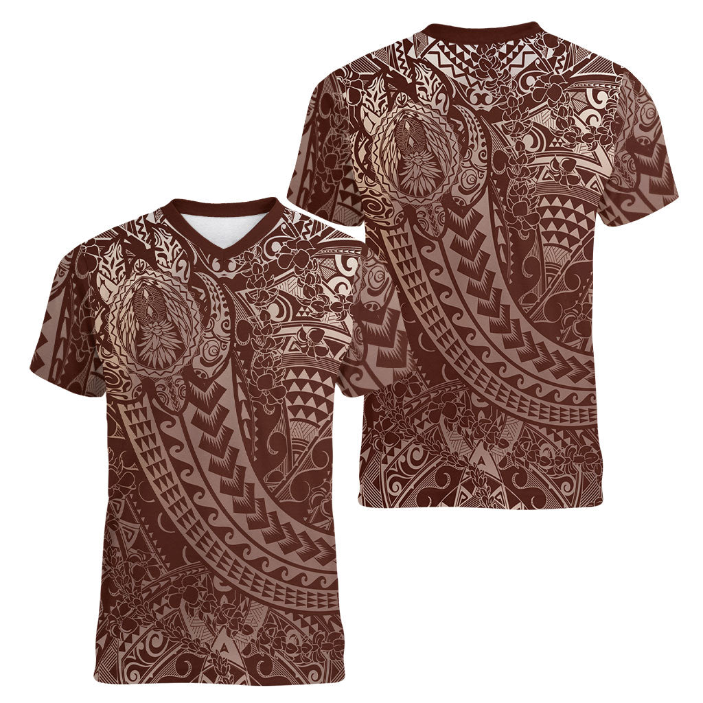 Hawaiian Turtles and Leis Women V-Neck T-Shirt Tribal Kakau Pattern Mocha Mousse Color LT03 - Polynesian Pride