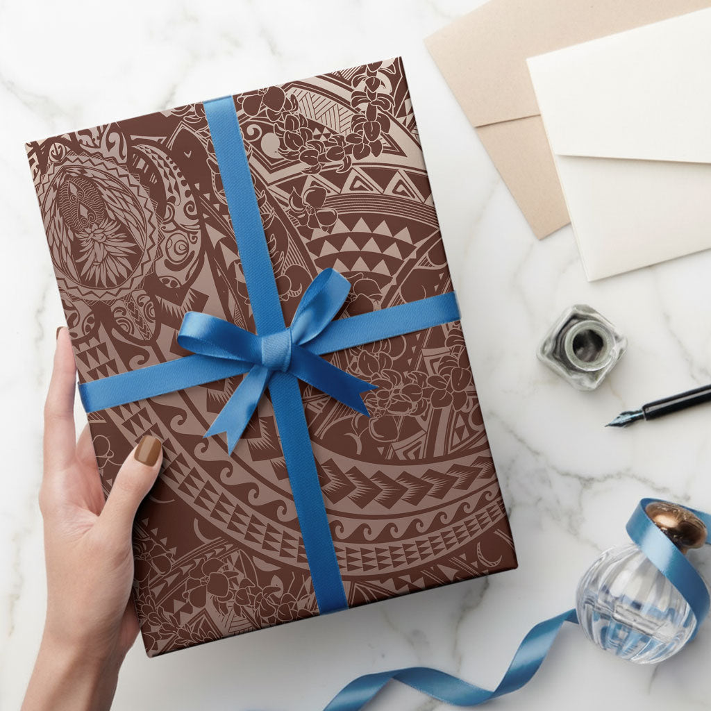 Hawaiian Turtles and Leis Wrapping Paper Tribal Kakau Pattern Mocha Mousse Color LT03 - Polynesian Pride