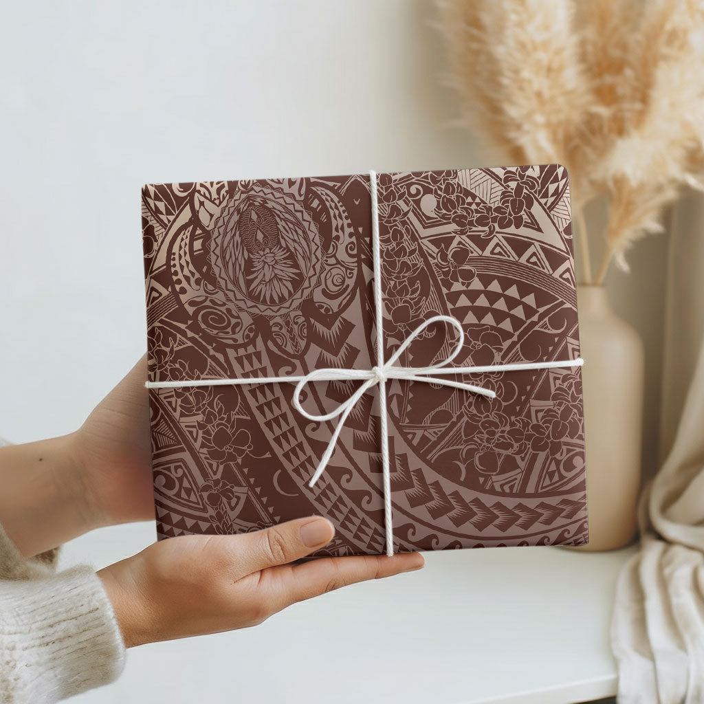 Hawaiian Turtles and Leis Wrapping Paper Tribal Kakau Pattern Mocha Mousse Color LT03 - Polynesian Pride