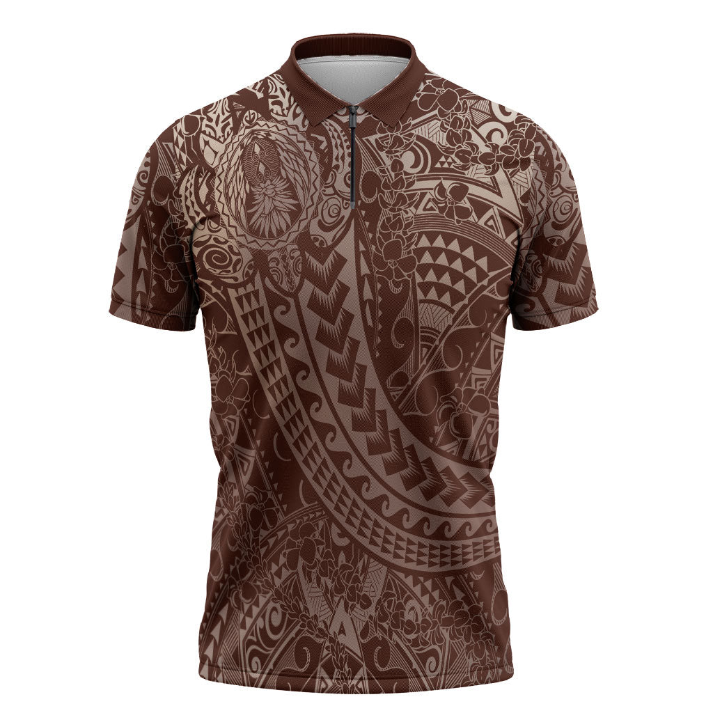 Hawaiian Turtles and Leis Zipper Polo Shirt Tribal Kakau Pattern Mocha Mousse Color LT03 Mocha Mousse - Polynesian Pride