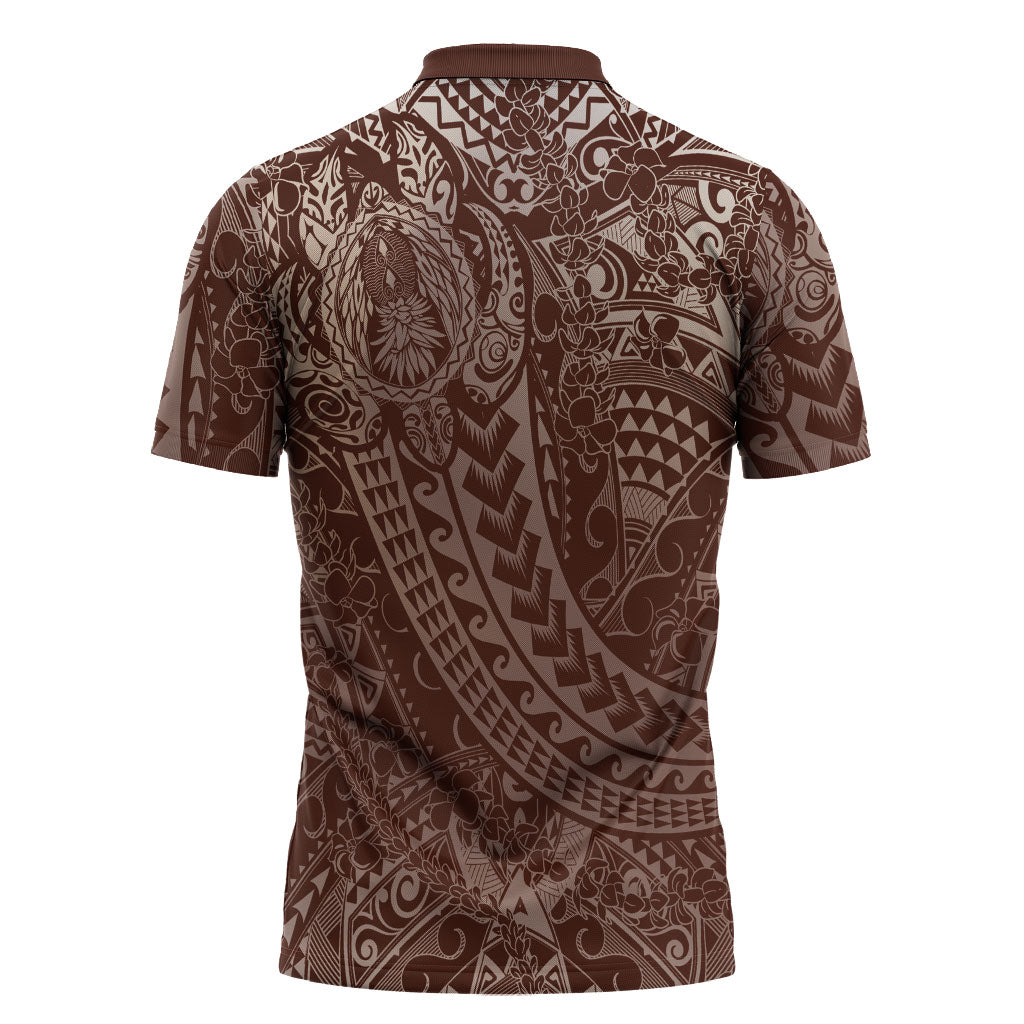Hawaiian Turtles and Leis Zipper Polo Shirt Tribal Kakau Pattern Mocha Mousse Color LT03 - Polynesian Pride