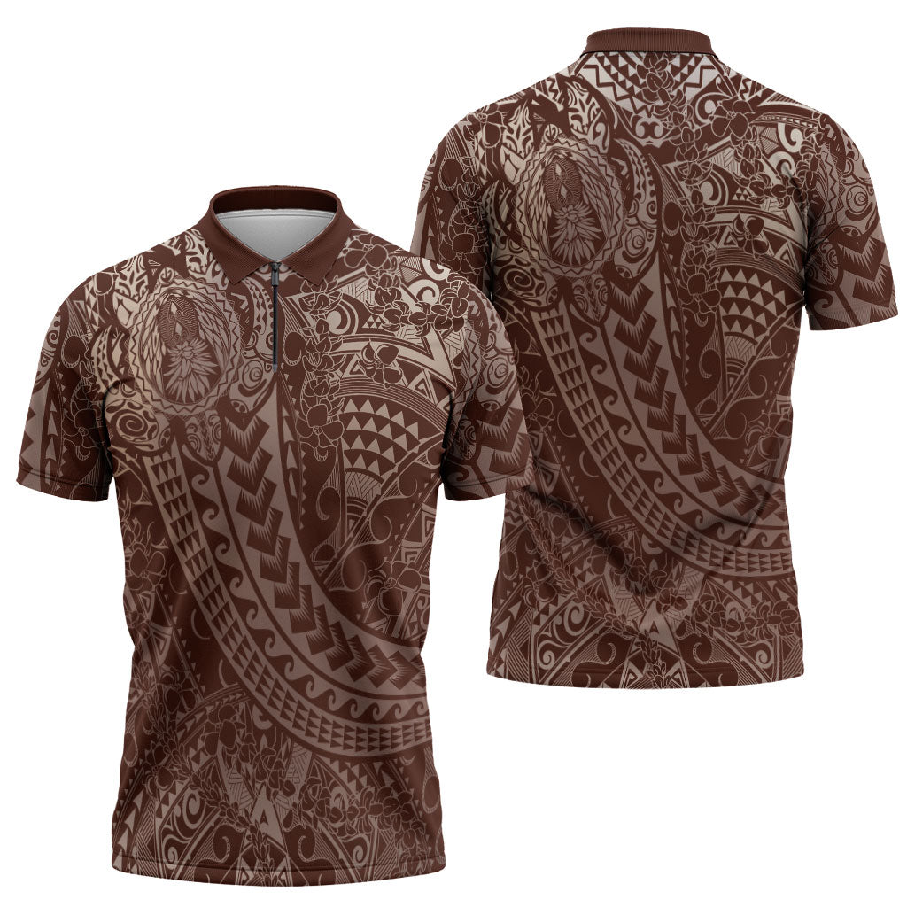 Hawaiian Turtles and Leis Zipper Polo Shirt Tribal Kakau Pattern Mocha Mousse Color LT03 - Polynesian Pride