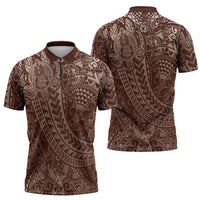 Hawaiian Turtles and Leis Zipper Polo Shirt Tribal Kakau Pattern Mocha Mousse Color LT03 - Polynesian Pride