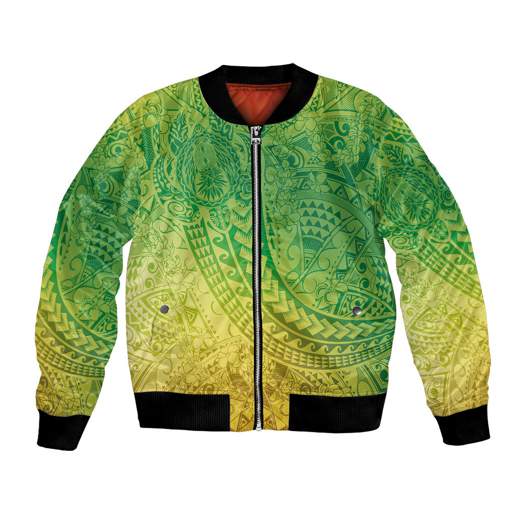 Hawaiian Turtles and Leis Bomber Jacket Tribal Kakau Pattern Fresh Summer Vibe LT03 Unisex Green - Polynesian Pride