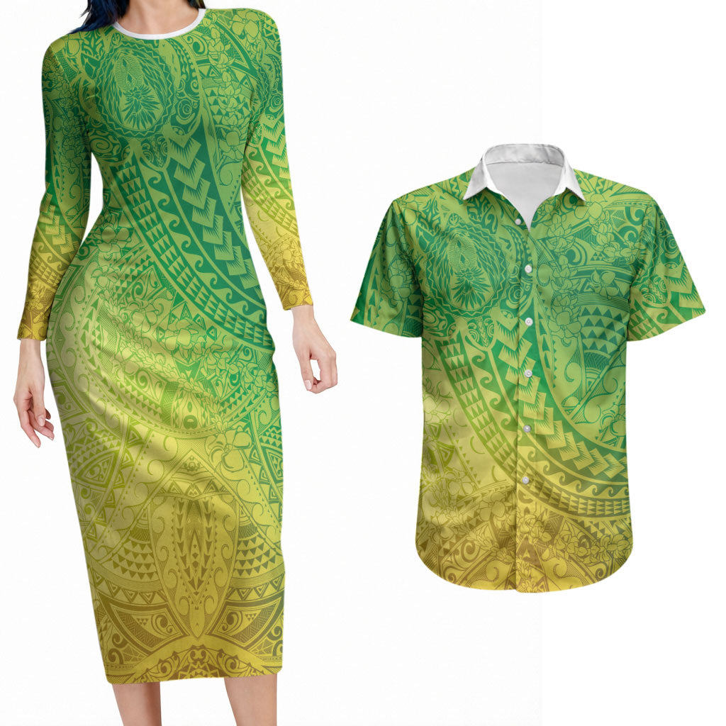 Hawaiian Turtles and Leis Couples Matching Long Sleeve Bodycon Dress and Hawaiian Shirt Tribal Kakau Pattern Fresh Summer Vibe LT03 Green - Polynesian Pride