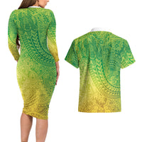 Hawaiian Turtles and Leis Couples Matching Long Sleeve Bodycon Dress and Hawaiian Shirt Tribal Kakau Pattern Fresh Summer Vibe LT03 - Polynesian Pride