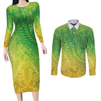 Hawaiian Turtles and Leis Couples Matching Long Sleeve Bodycon Dress and Long Sleeve Button Shirt Tribal Kakau Pattern Fresh Summer Vibe LT03 Green - Polynesian Pride