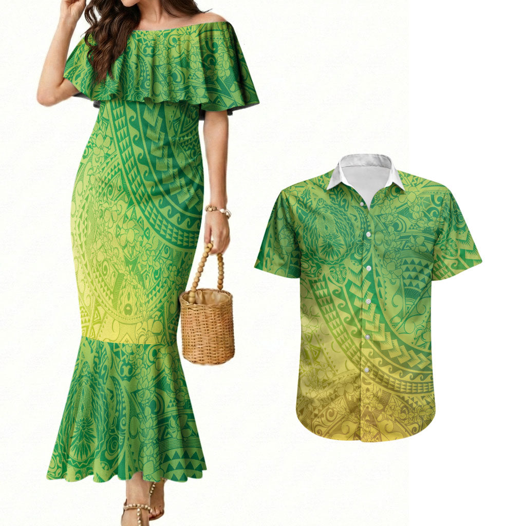 Hawaiian Turtles and Leis Couples Matching Mermaid Dress and Hawaiian Shirt Tribal Kakau Pattern Fresh Summer Vibe LT03 Green - Polynesian Pride