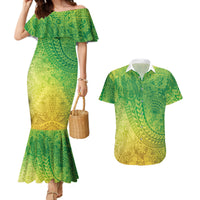 Hawaiian Turtles and Leis Couples Matching Mermaid Dress and Hawaiian Shirt Tribal Kakau Pattern Fresh Summer Vibe LT03 Green - Polynesian Pride