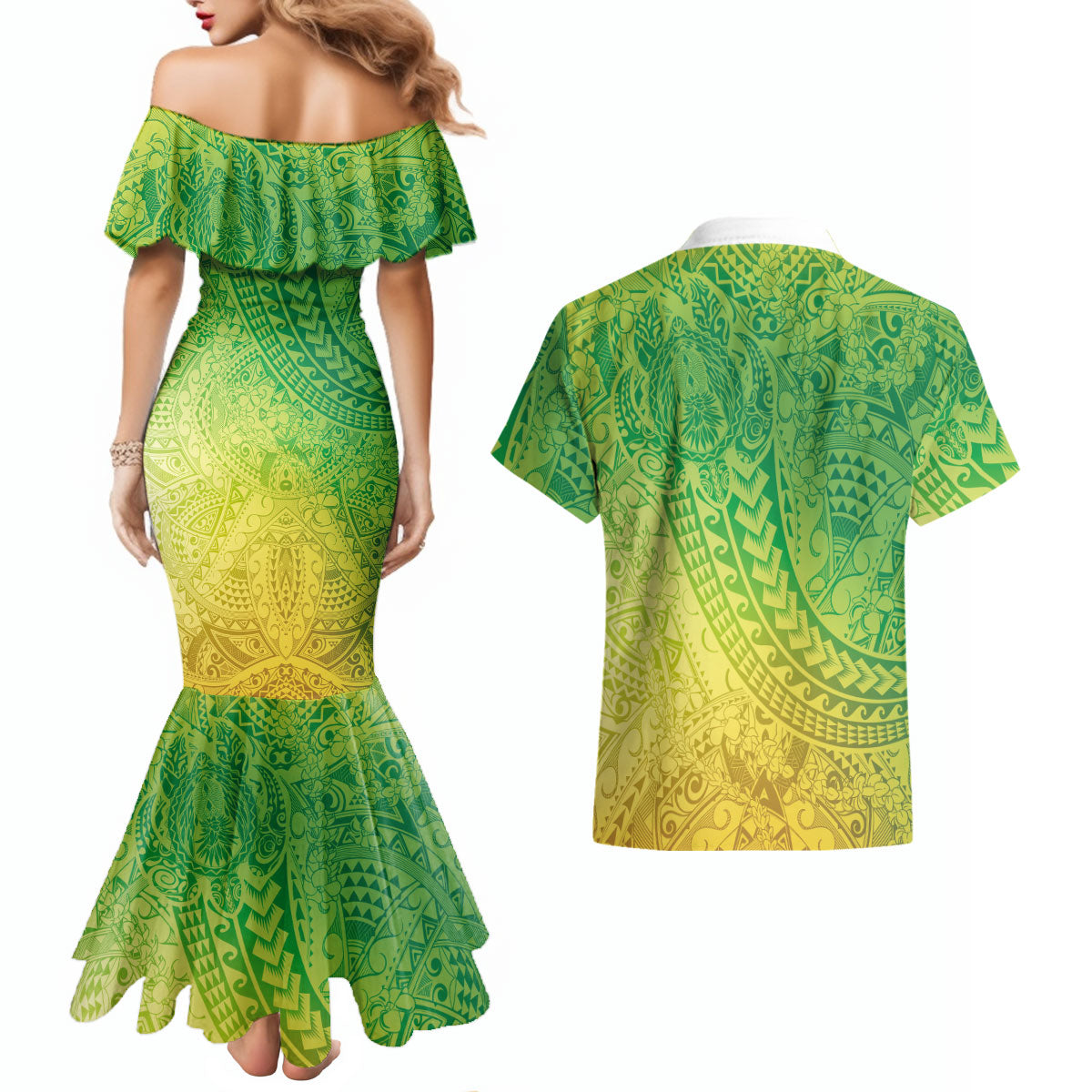 Hawaiian Turtles and Leis Couples Matching Mermaid Dress and Hawaiian Shirt Tribal Kakau Pattern Fresh Summer Vibe LT03 - Polynesian Pride