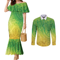 Hawaiian Turtles and Leis Couples Matching Mermaid Dress and Long Sleeve Button Shirt Tribal Kakau Pattern Fresh Summer Vibe LT03 Green - Polynesian Pride