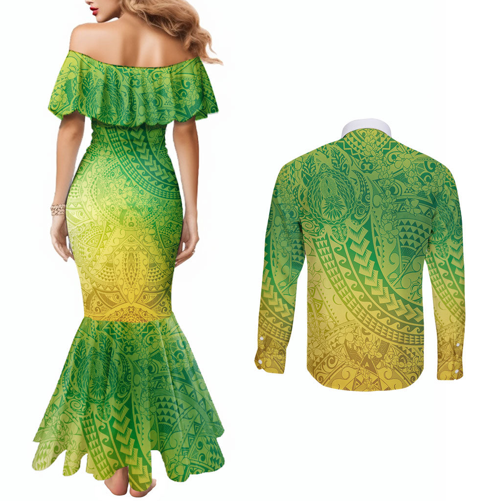 Hawaiian Turtles and Leis Couples Matching Mermaid Dress and Long Sleeve Button Shirt Tribal Kakau Pattern Fresh Summer Vibe LT03 - Polynesian Pride