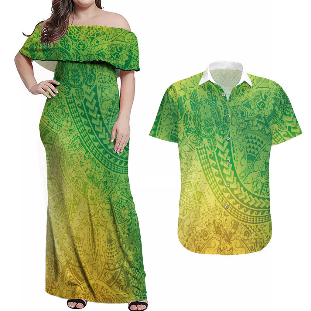 Hawaiian Turtles and Leis Couples Matching Off Shoulder Maxi Dress and Hawaiian Shirt Tribal Kakau Pattern Fresh Summer Vibe LT03 Green - Polynesian Pride
