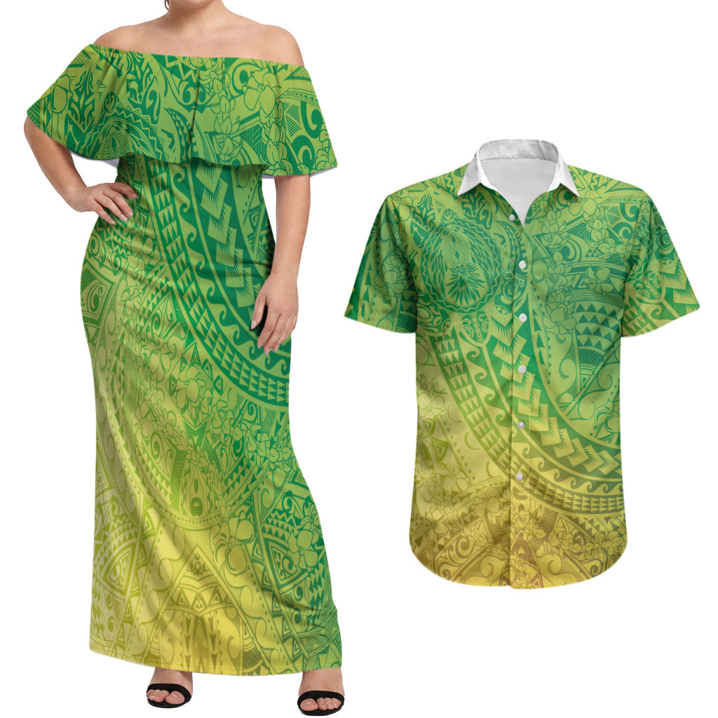 Hawaiian Turtles and Leis Couples Matching Off Shoulder Maxi Dress and Hawaiian Shirt Tribal Kakau Pattern Fresh Summer Vibe LT03 Green - Polynesian Pride