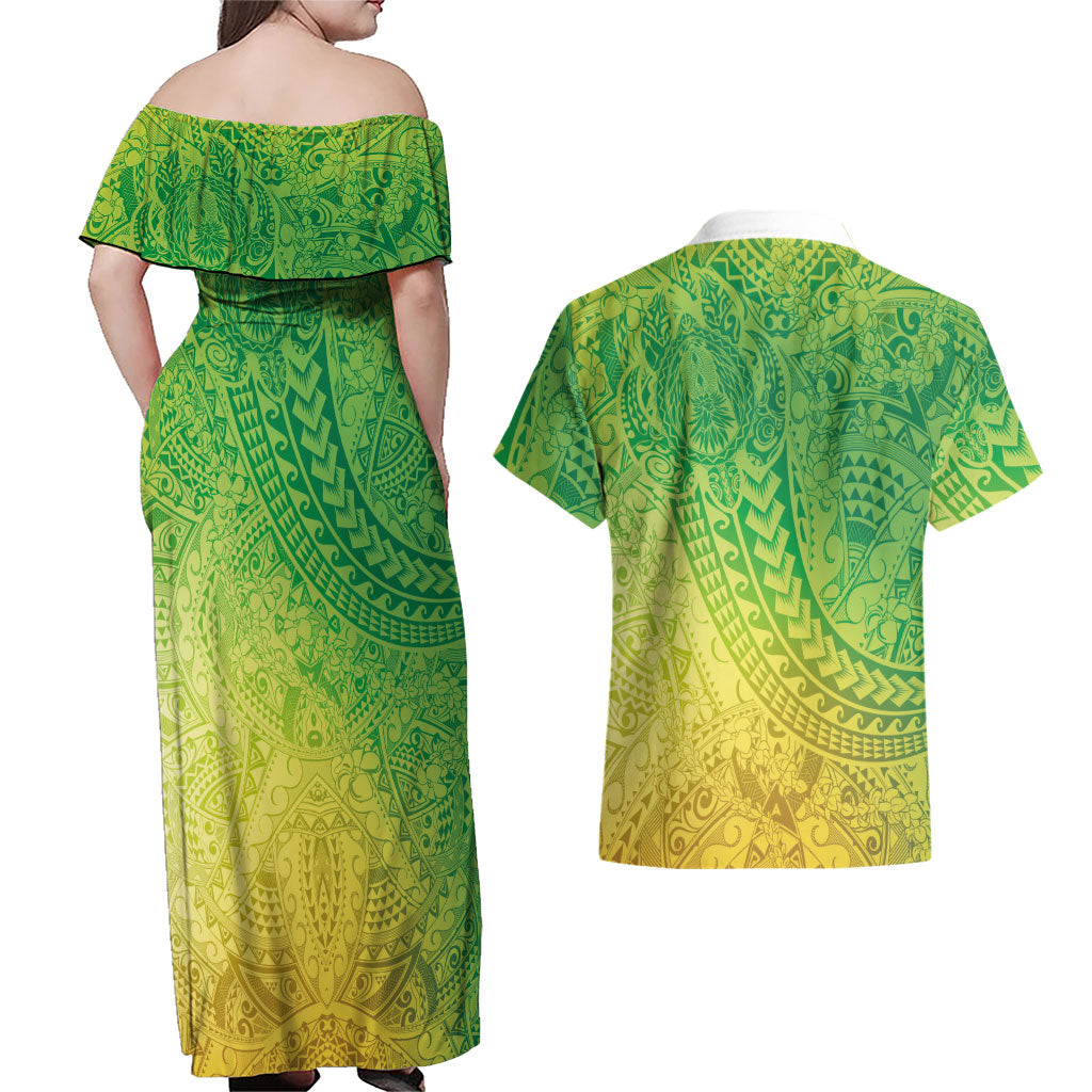 Hawaiian Turtles and Leis Couples Matching Off Shoulder Maxi Dress and Hawaiian Shirt Tribal Kakau Pattern Fresh Summer Vibe LT03 - Polynesian Pride