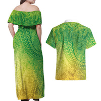 Hawaiian Turtles and Leis Couples Matching Off Shoulder Maxi Dress and Hawaiian Shirt Tribal Kakau Pattern Fresh Summer Vibe LT03 - Polynesian Pride