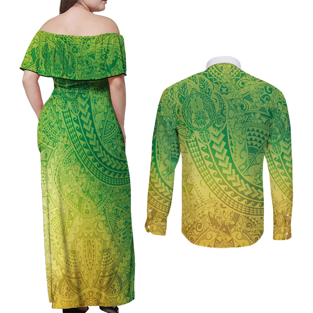 Hawaiian Turtles and Leis Couples Matching Off Shoulder Maxi Dress and Long Sleeve Button Shirt Tribal Kakau Pattern Fresh Summer Vibe LT03 - Polynesian Pride