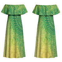 Hawaiian Turtles and Leis Couples Matching Off Shoulder Maxi Dress and Long Sleeve Button Shirt Tribal Kakau Pattern Fresh Summer Vibe LT03 - Polynesian Pride
